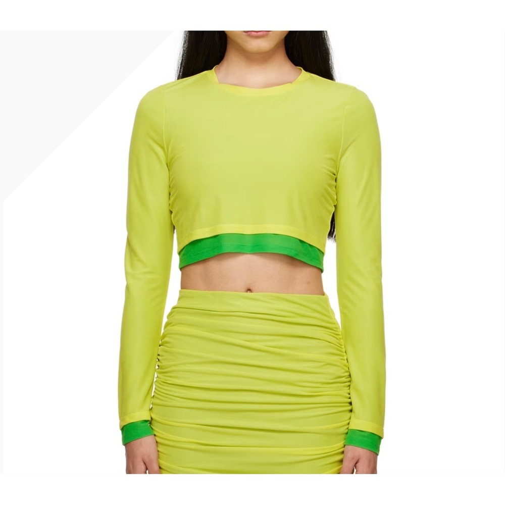Simon Miller MESH Long Sleeve Crop Top Lime Yellow Green Layered Crew Neck L